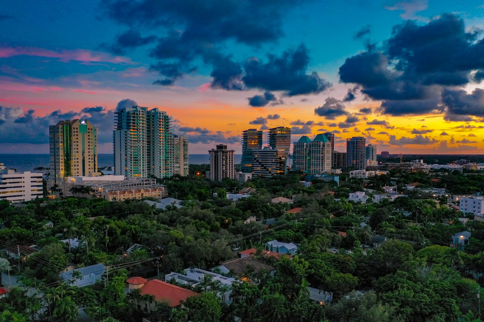 Aerial view of Coconut Grove, Miami at sunset.
