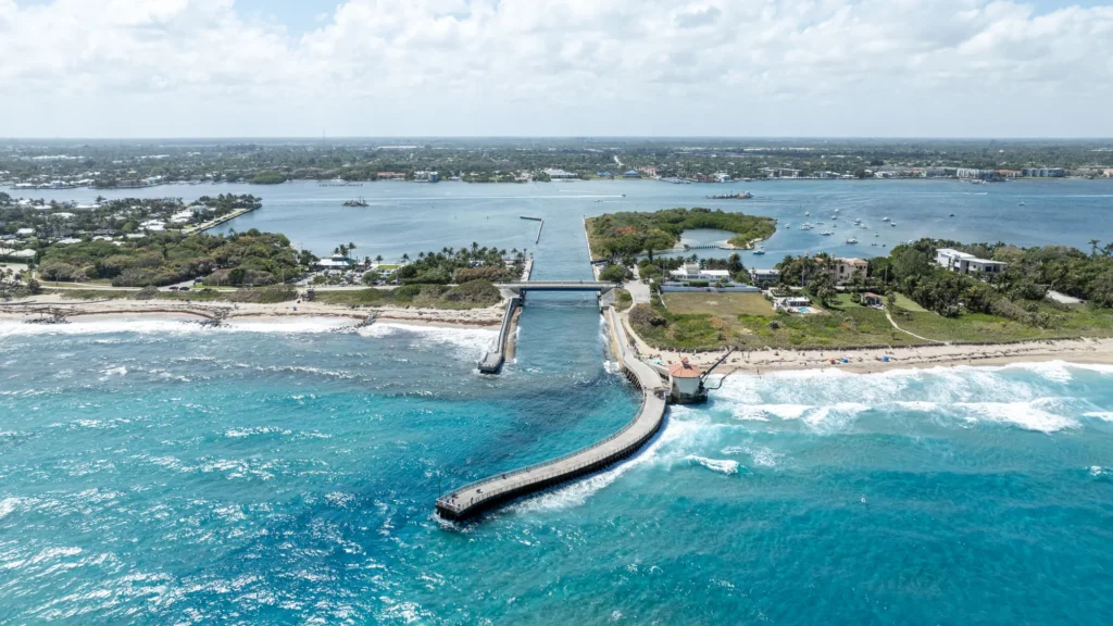 Aerial view of an inlet and its breakwaters