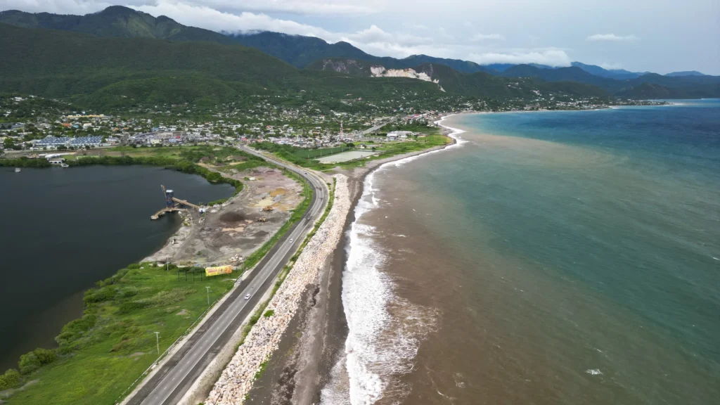 Shoreline, road and surrounding landscape