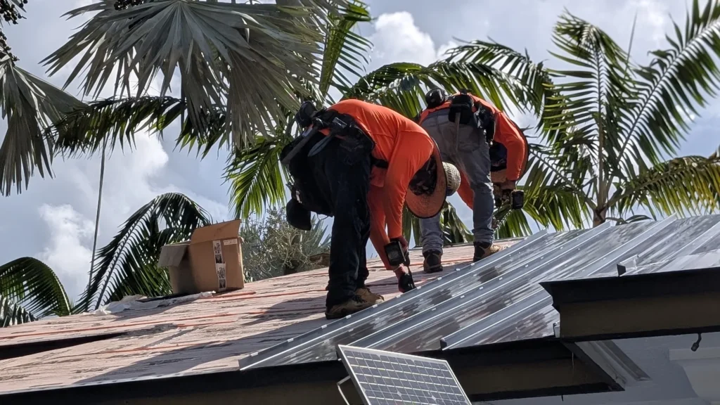 Closer view of metal roof installation