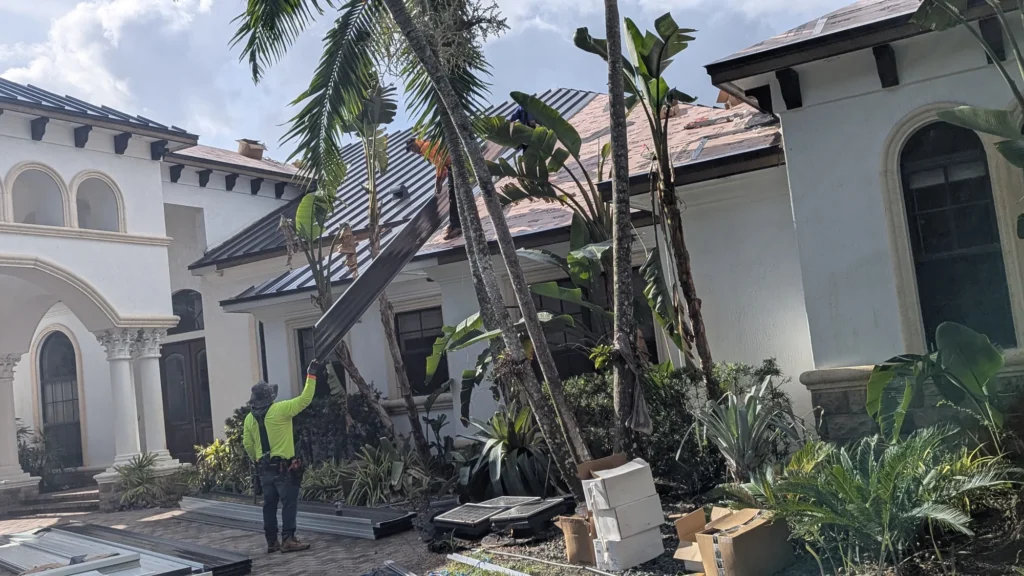 Building exterior during roof work