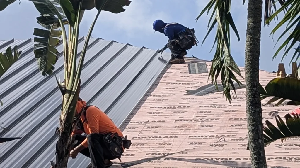 Metal roof panels being positioned