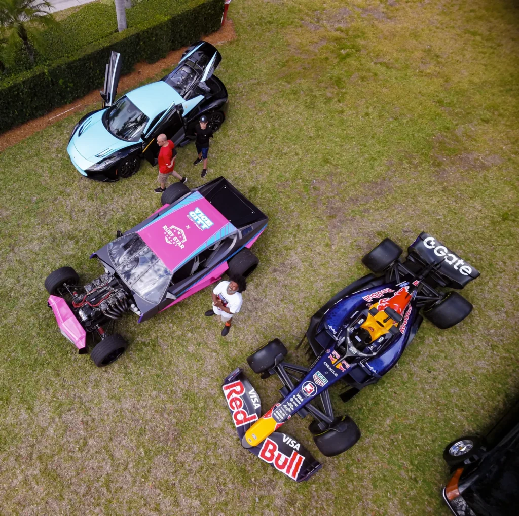 Overhead view of display cars on event grounds