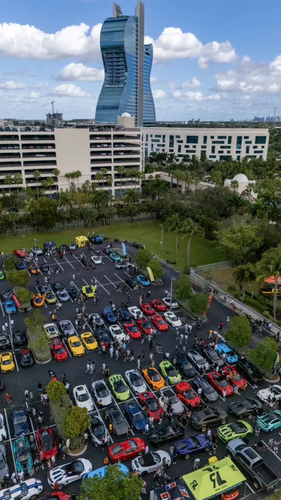 Aerial view of an outdoor vehicle gathering