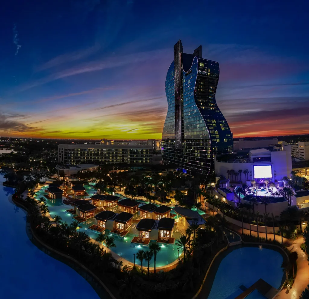 Waterfront entertainment venue at sunset