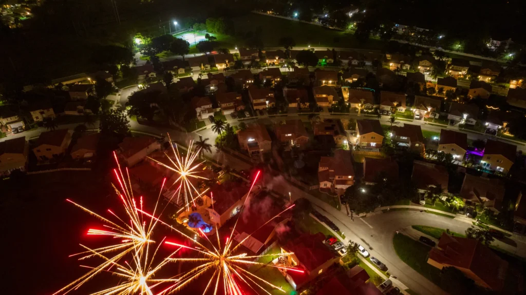 Fireworks above illuminated event grounds