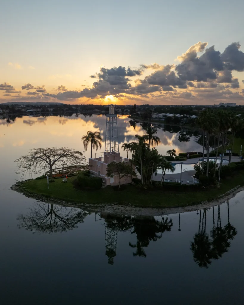 Waterfront property at sunset