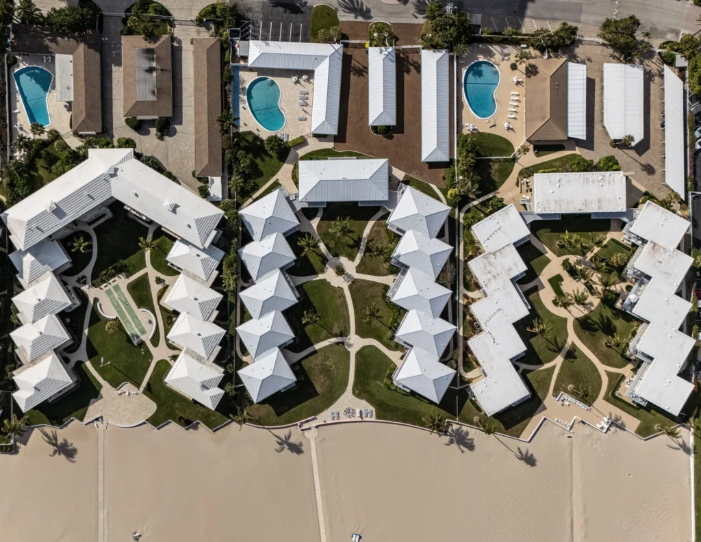 Overhead view of residential buildings and access paths