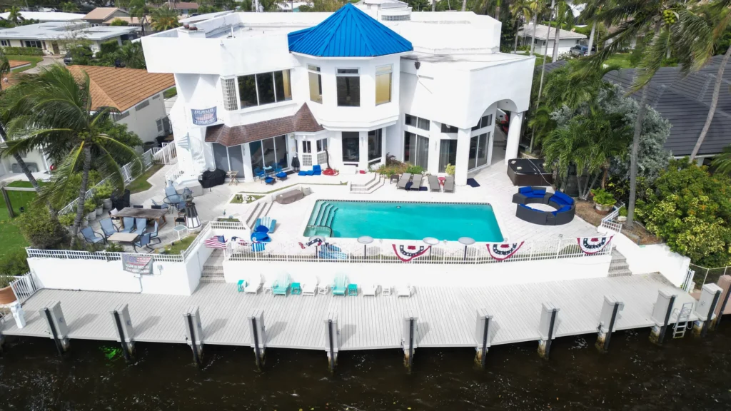 Waterfront home with a swimming pool