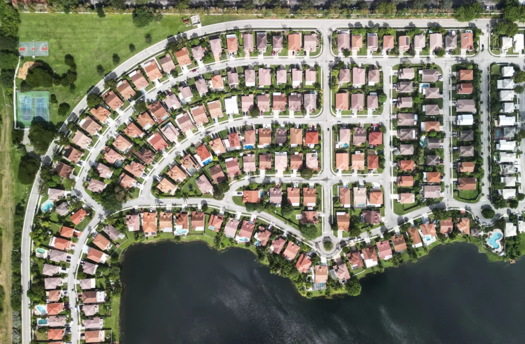 Overhead view of a residential neighborhood