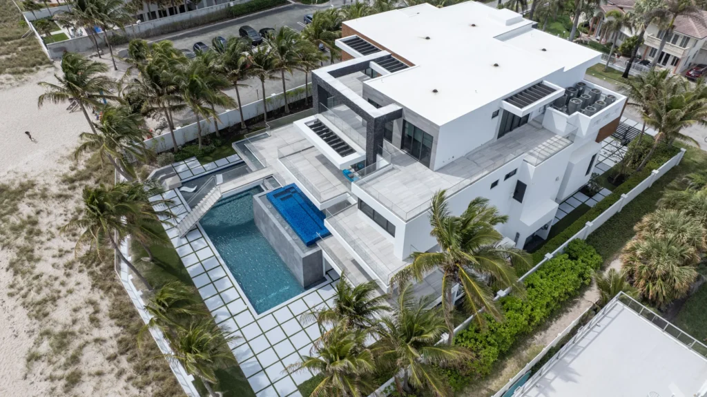 Modern coastal home viewed from above