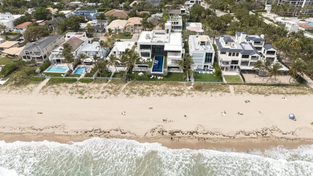 Row of beachfront homes and the beach