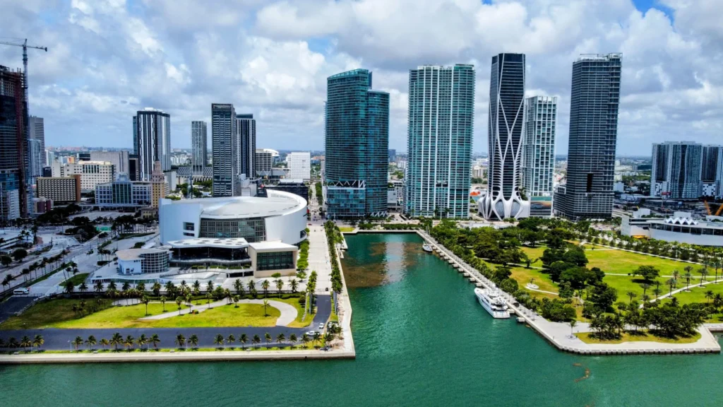Downtown waterfront buildings and open parkland