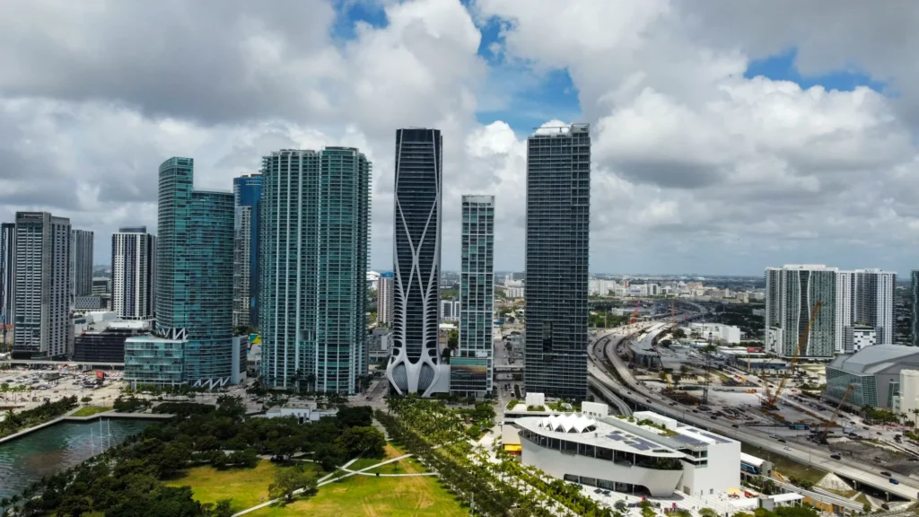 City towers and a waterfront district