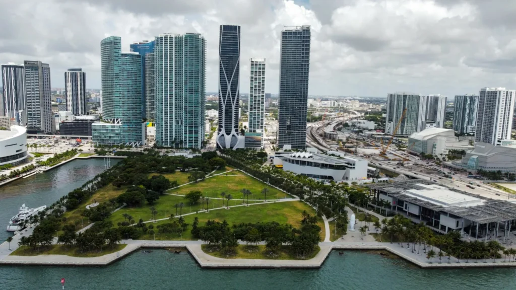 Wide city skyline and waterfront view