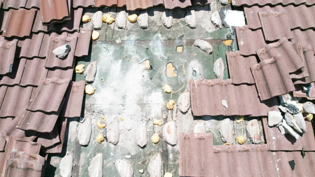 Close view of the exposed roof work area