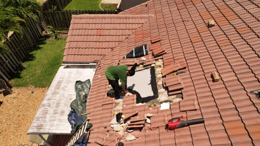 Oblique view of roof repair activity