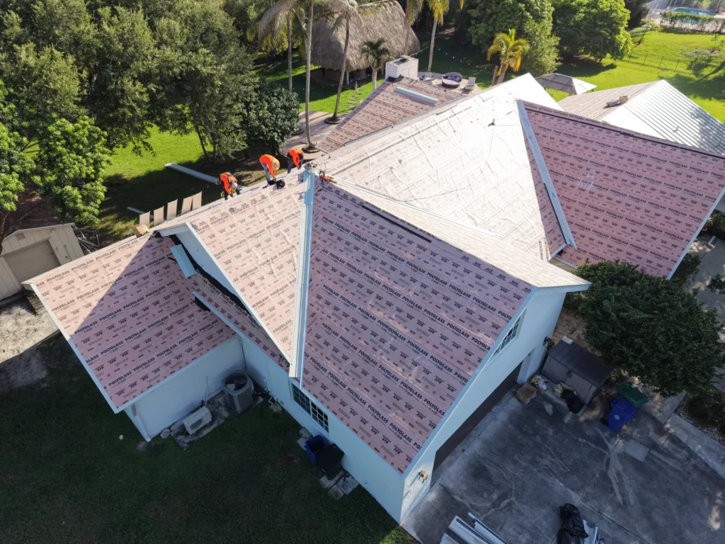 Roof installation viewed across the building